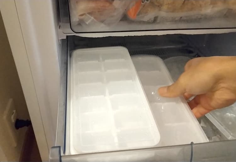 冷凍庫に製氷皿を入れるところ